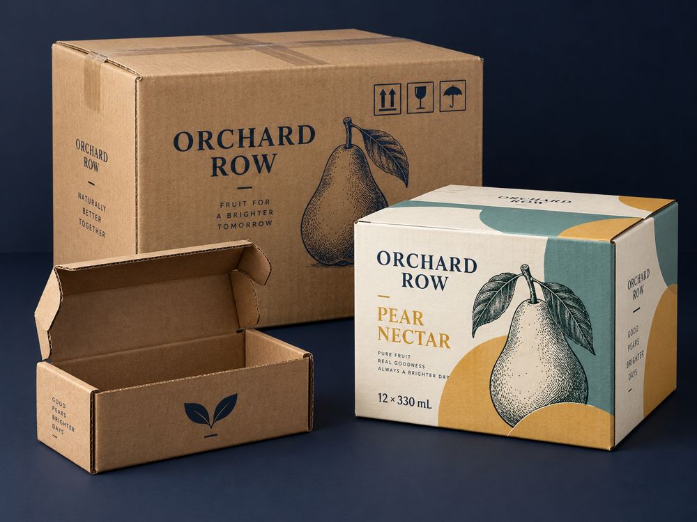 Sample design: printed corrugated shipping cartons and a mailer box
