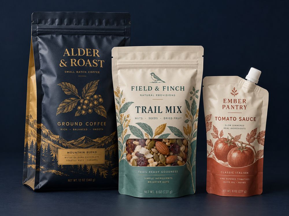 Sample design: printed stand-up pouches with zipper, window and spout