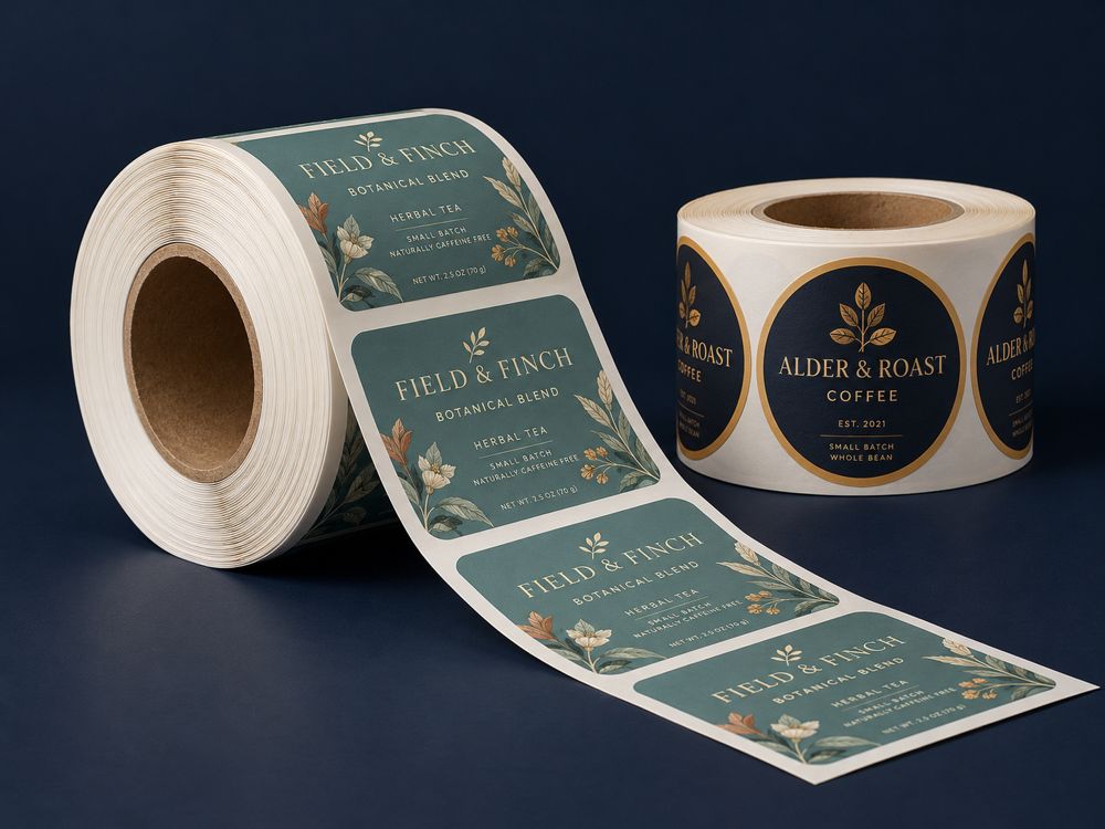 Sample design: rolls of printed pressure-sensitive labels
